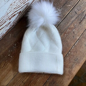 Anthropologie Ivory Faux Fur Pom  Cuff Beanie